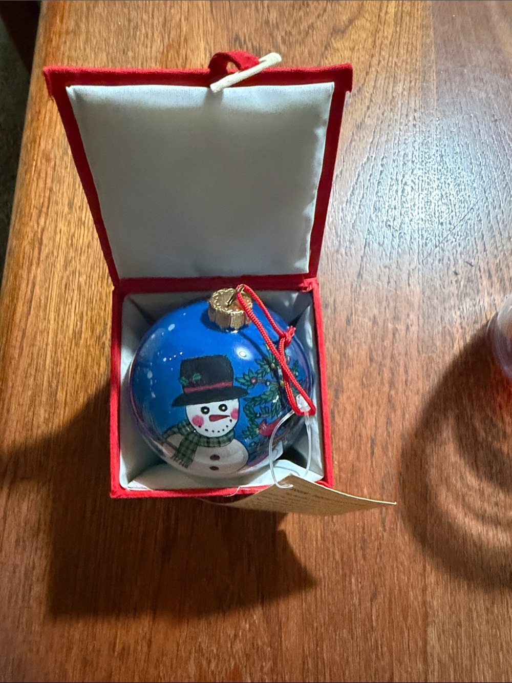 Blue Snowman Holiday Glass Ornament with Gift Box